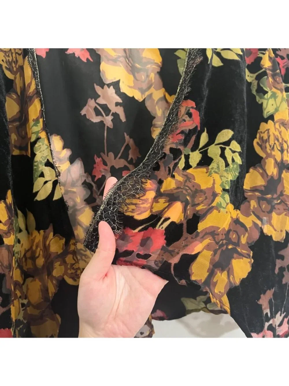 W5 Floral Burnout Velvet Kimono Cardigan XL Lace Sheer Boho Whimsical Dark Fairy